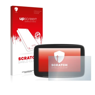 Parte frontale di una confezione del prodotto con il logo del marchio upscreen. Accanto è raffigurato il dispositivo TomTom GO