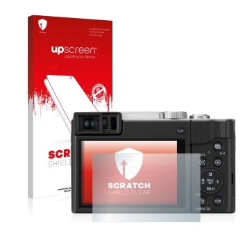 Parte frontale di una confezione del prodotto con il logo del marchio upscreen. Accanto è raffigurato il dispositivo Panasonic