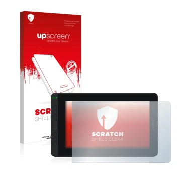 Parte frontale di una confezione del prodotto con il logo del marchio upscreen. Accanto è raffigurato il dispositivo Huion Kam
