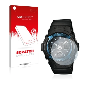 Parte frontale di una confezione del prodotto con il logo del marchio upscreen. Accanto è raffigurato il dispositivo Casio AWG