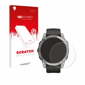 Parte frontale di una confezione del prodotto con il logo del marchio upscreen. Accanto è raffigurato il dispositivo Garmin Fe
