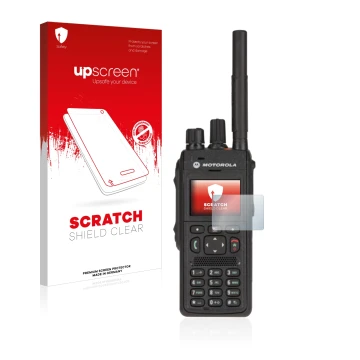 Parte frontale di una confezione del prodotto con il logo del marchio upscreen. Accanto è raffigurato il dispositivo Motorola 