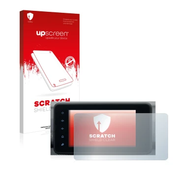 Parte frontale di una confezione del prodotto con il logo del marchio upscreen. Accanto è raffigurato il dispositivo Dacia San