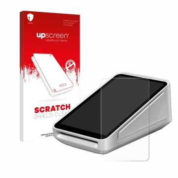 Parte frontale di una confezione del prodotto con il logo del marchio upscreen. Accanto è raffigurato il dispositivo Square Te