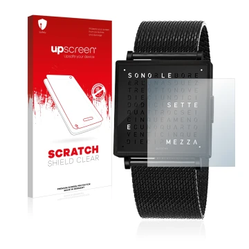 Parte frontale di una confezione del prodotto con il logo del marchio upscreen. Accanto è raffigurato il dispositivo Qlocktwo 