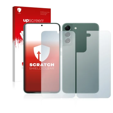 Parte frontale di una confezione del prodotto con il logo del marchio upscreen. Accanto è raffigurato il dispositivo Samsung G