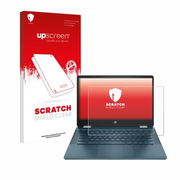Parte frontale di una confezione del prodotto con il logo del marchio upscreen. Accanto è raffigurato il dispositivo HP Chrome