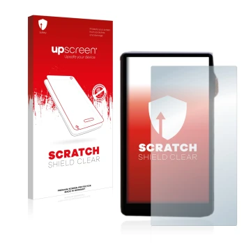 Parte frontale di una confezione del prodotto con il logo del marchio upscreen. Accanto è raffigurato il dispositivo iBasso DX