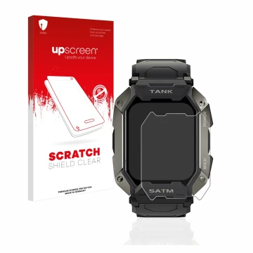 Parte frontale di una confezione del prodotto con il logo del marchio upscreen. Accanto è raffigurato il dispositivo Kospet Ta