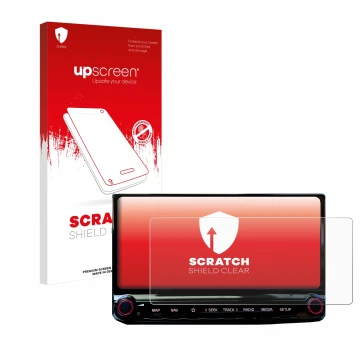 Parte frontale di una confezione del prodotto con il logo del marchio upscreen. Accanto è raffigurato il dispositivo Kia Ceed 