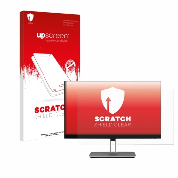 Parte frontale di una confezione del prodotto con il logo del marchio upscreen. Accanto è raffigurato il dispositivo HP E24 G4