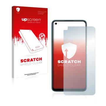 Parte frontale di una confezione del prodotto con il logo del marchio upscreen. Accanto è raffigurato il dispositivo Oppo A76 