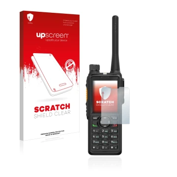 Parte frontale di una confezione del prodotto con il logo del marchio upscreen. Accanto è raffigurato il dispositivo Hytera HP