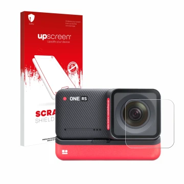 Parte frontale di una confezione del prodotto con il logo del marchio upscreen. Accanto è raffigurato il dispositivo Insta360 