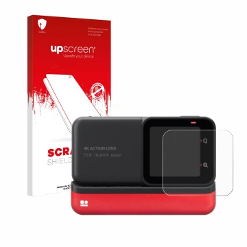 Parte frontale di una confezione del prodotto con il logo del marchio upscreen. Accanto è raffigurato il dispositivo Insta360 