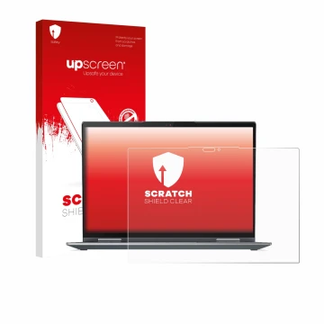 Parte frontale di una confezione del prodotto con il logo del marchio upscreen. Accanto è raffigurato il dispositivo Lenovo Th