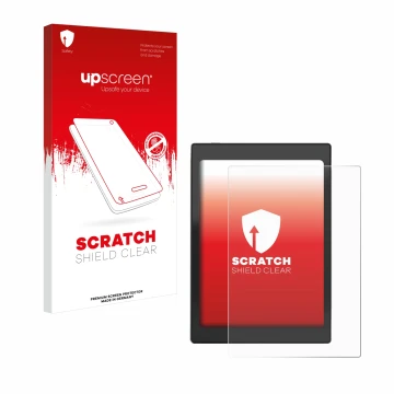 Parte frontale di una confezione del prodotto con il logo del marchio upscreen. Accanto è raffigurato il dispositivo Boox Nova