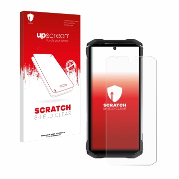Parte frontale di una confezione del prodotto con il logo del marchio upscreen. Accanto è raffigurato il dispositivo Doogee S9