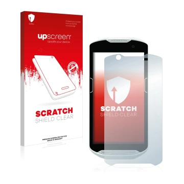 Parte frontale di una confezione del prodotto con il logo del marchio upscreen. Accanto è raffigurato il dispositivo Zebra TC5