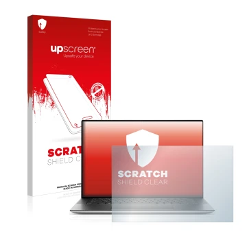 Parte frontale di una confezione del prodotto con il logo del marchio upscreen. Accanto è raffigurato il dispositivo Dell XPS 