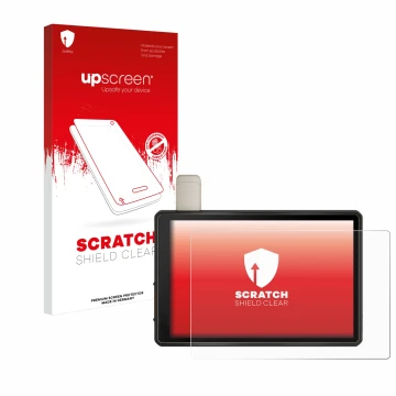 Parte frontale di una confezione del prodotto con il logo del marchio upscreen. Accanto è raffigurato il dispositivo Garmin Tr