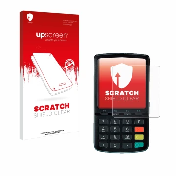 Parte frontale di una confezione del prodotto con il logo del marchio upscreen. Accanto è raffigurato il dispositivo ingenico 