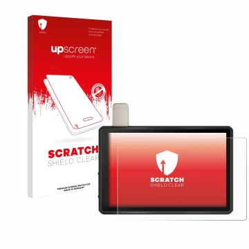Parte frontale di una confezione del prodotto con il logo del marchio upscreen. Accanto è raffigurato il dispositivo Garmin Tr