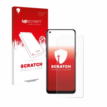 Parte frontale di una confezione del prodotto con il logo del marchio upscreen. Accanto è raffigurato il dispositivo Oppo Reno