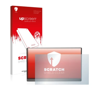 Parte frontale di una confezione del prodotto con il logo del marchio upscreen. Accanto è raffigurato il dispositivo Arzopa 15