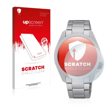 Parte frontale di una confezione del prodotto con il logo del marchio upscreen. Accanto è raffigurato il dispositivo Seiko 5 S