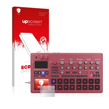 Parte frontale di una confezione del prodotto con il logo del marchio upscreen. Accanto è raffigurato il dispositivo KORG elec
