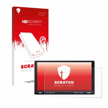 Parte frontale di una confezione del prodotto con il logo del marchio upscreen. Accanto è raffigurato il dispositivo Sony XAV-