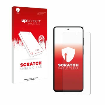 Parte frontale di una confezione del prodotto con il logo del marchio upscreen. Accanto è raffigurato il dispositivo Motorola 