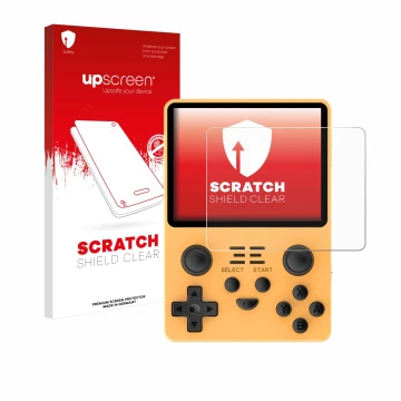 Parte frontale di una confezione del prodotto con il logo del marchio upscreen. Accanto è raffigurato il dispositivo Powkiddy 