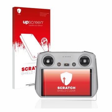 Parte frontale di una confezione del prodotto con il logo del marchio upscreen. Accanto è raffigurato il dispositivo DJI RC Co