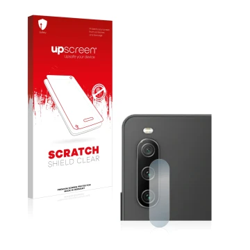 Parte frontale di una confezione del prodotto con il logo del marchio upscreen. Accanto è raffigurato il dispositivo Sony Xper