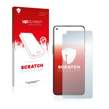 Parte frontale di una confezione del prodotto con il logo del marchio upscreen. Accanto è raffigurato il dispositivo OnePlus N