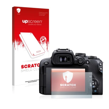 Parte frontale di una confezione del prodotto con il logo del marchio upscreen. Accanto è raffigurato il dispositivo Canon EOS