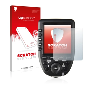 Parte frontale di una confezione del prodotto con il logo del marchio upscreen. Accanto è raffigurato il dispositivo Godox XPr