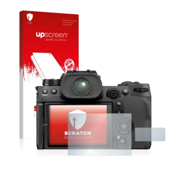 Parte frontale di una confezione del prodotto con il logo del marchio upscreen. Accanto è raffigurato il dispositivo Fujifilm 