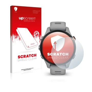 Parte frontale di una confezione del prodotto con il logo del marchio upscreen. Accanto è raffigurato il dispositivo Garmin Fo