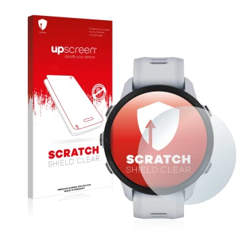 Parte frontale di una confezione del prodotto con il logo del marchio upscreen. Accanto è raffigurato il dispositivo Garmin Fo