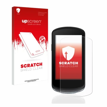 Parte frontale di una confezione del prodotto con il logo del marchio upscreen. Accanto è raffigurato il dispositivo Garmin Ed