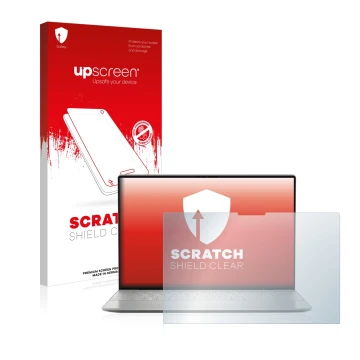 Parte frontale di una confezione del prodotto con il logo del marchio upscreen. Accanto è raffigurato il dispositivo Dell XPS 