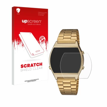 Parte frontale di una confezione del prodotto con il logo del marchio upscreen. Accanto è raffigurato il dispositivo Casio Ret