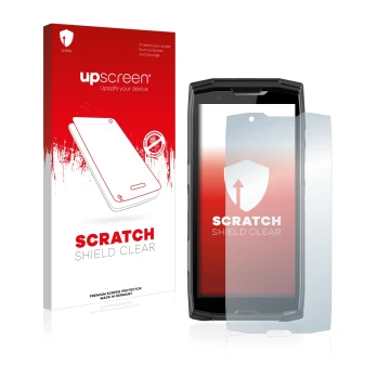 Parte frontale di una confezione del prodotto con il logo del marchio upscreen. Accanto è raffigurato il dispositivo Crosscall