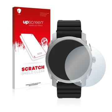 Parte frontale di una confezione del prodotto con il logo del marchio upscreen. Accanto è raffigurato il dispositivo Fossil Ge