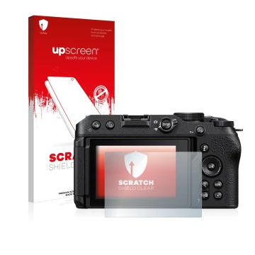 Parte frontale di una confezione del prodotto con il logo del marchio upscreen. Accanto è raffigurato il dispositivo Nikon Z 3