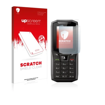 Parte frontale di una confezione del prodotto con il logo del marchio upscreen. Accanto è raffigurato il dispositivo Crosscall