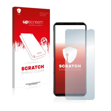 Parte frontale di una confezione del prodotto con il logo del marchio upscreen. Accanto è raffigurato il dispositivo ASUS ROG 